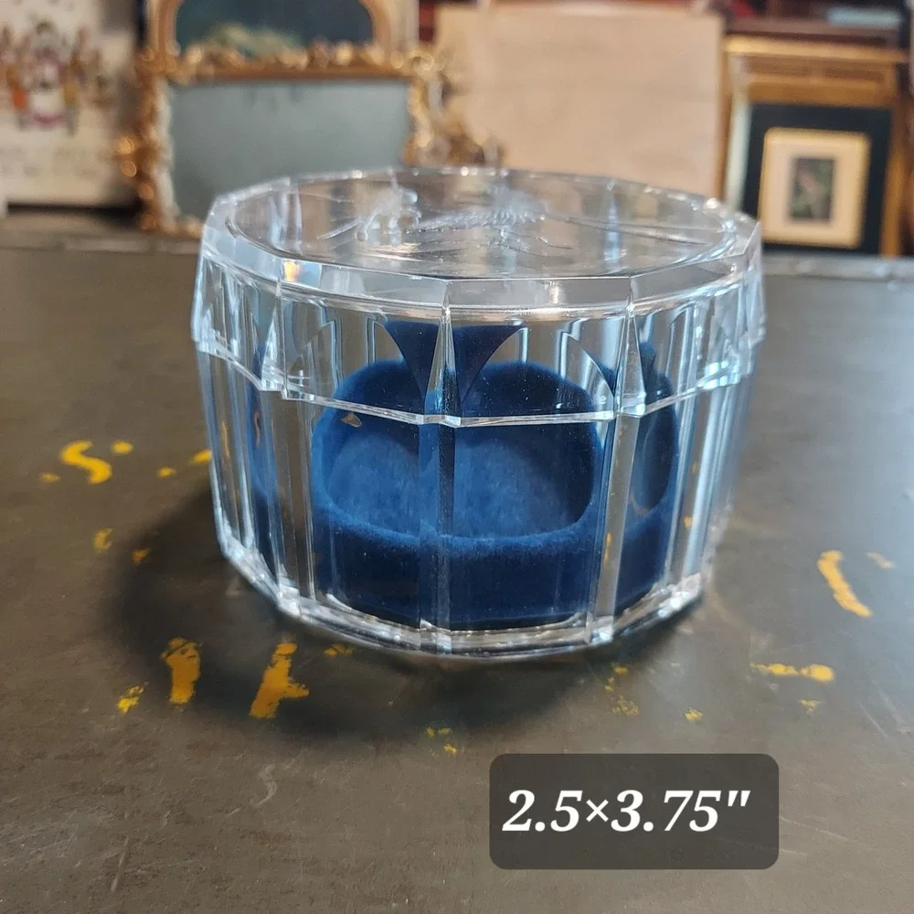 Vintage Etched Bird Trinket Box Clear Faceted Jewelry Case Blue Velvet Lining